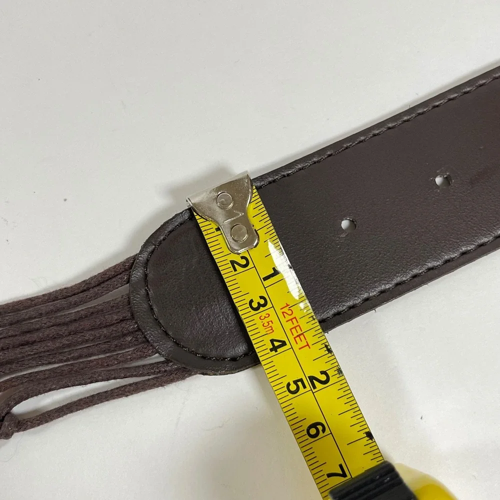 Vintage Macrame Wood Bead Woven Waist Belt Women L Brown Faux Leather Boho Cinch